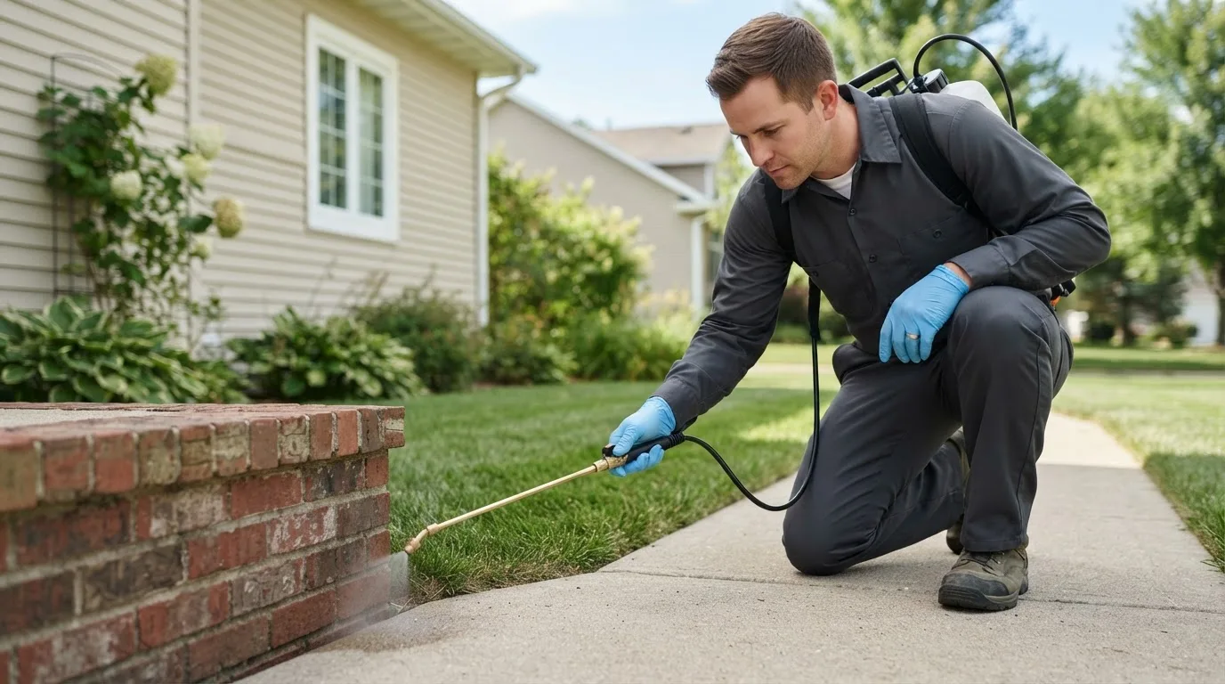 Pest control technician treating a home near Wheatland, WY